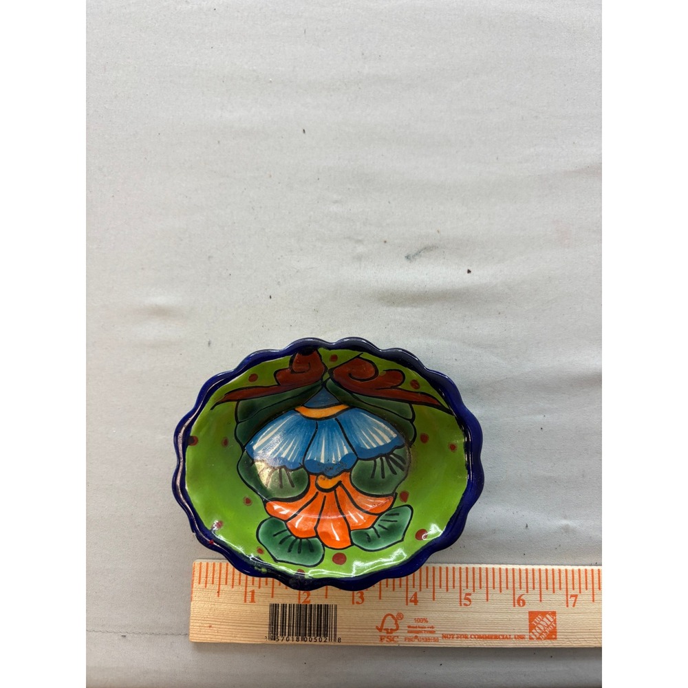 Mexican Talavera Pottery Small Oval Scalloped Bowl Hand Painted Floral Lead Free